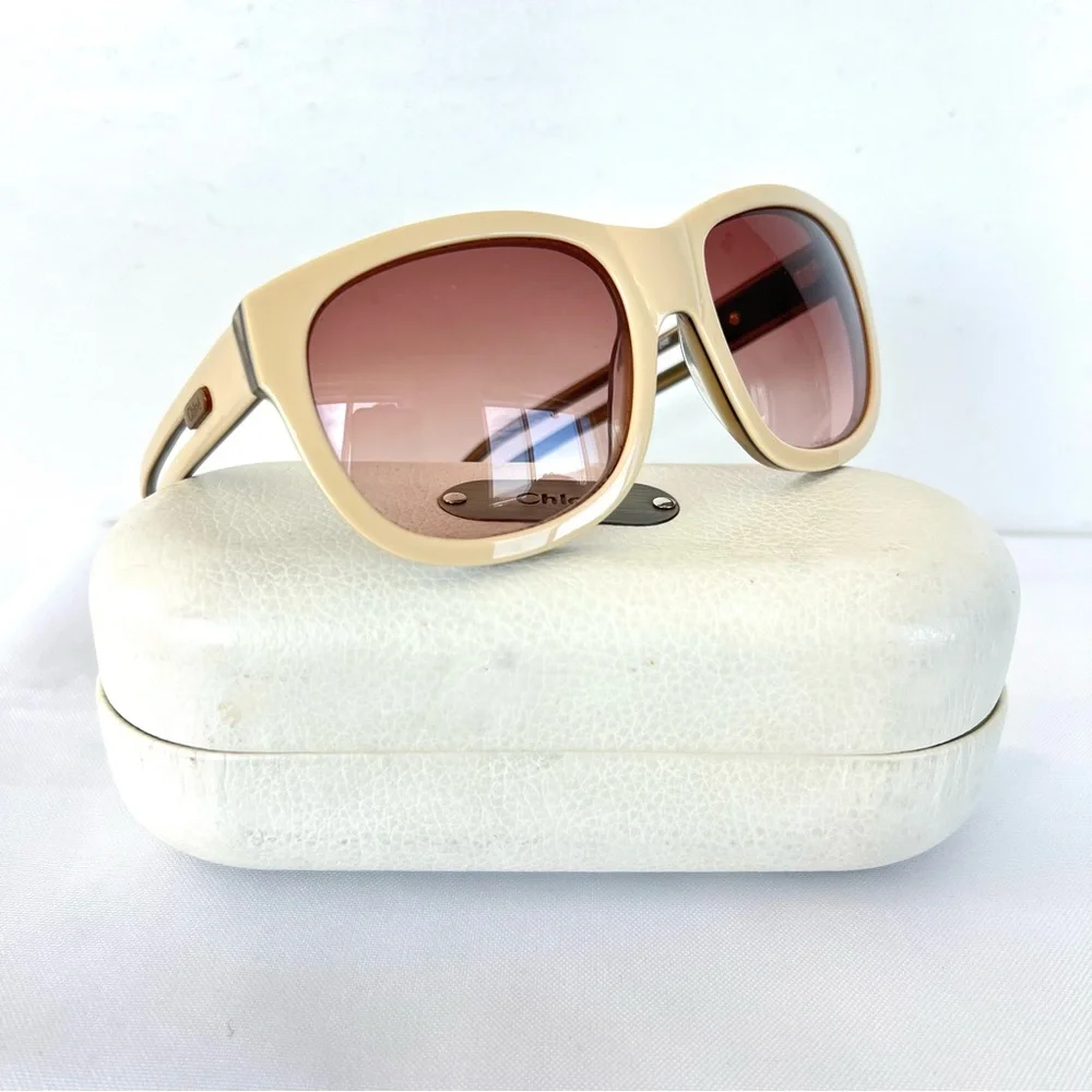 CHLOÈ CL 2124 C03 Brown Gradient Lenses Beige Cutout Gold Logo Frame Sunglasses